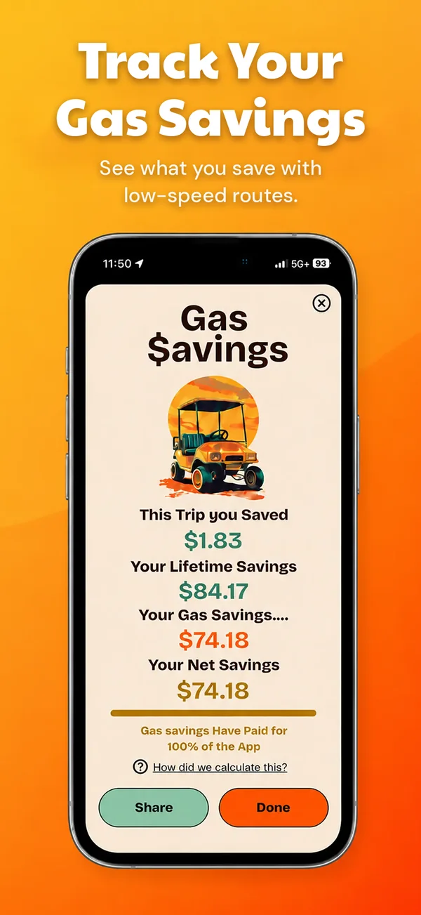 Gas savings screen showing trip and lifetime savings