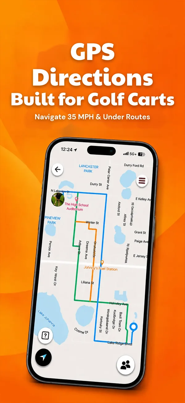 GPS directions built for golf carts: a map with three cart-legal routes