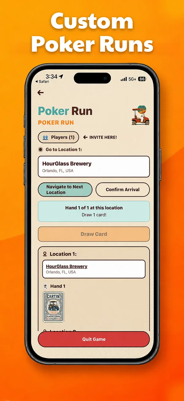 Poker run screen: go to a location, confirm arrival and draw a card