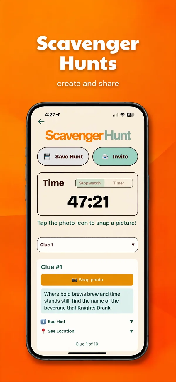 Scavenger hunt screen with a timer, clue and snap-a-photo button