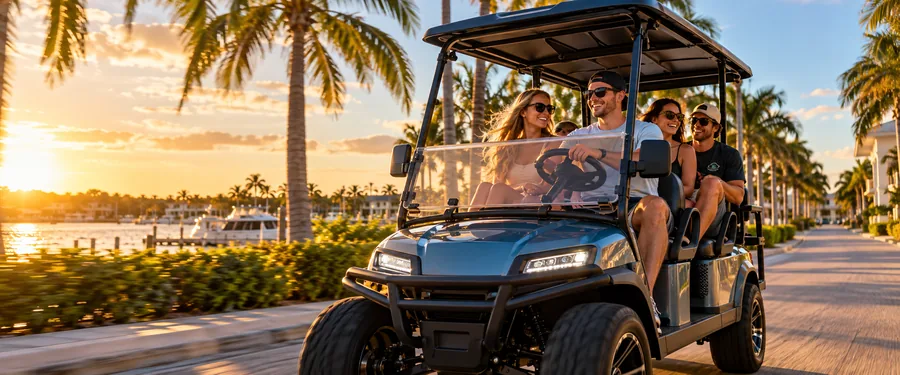 Friends riding a golf cart along a palm-lined waterfront street