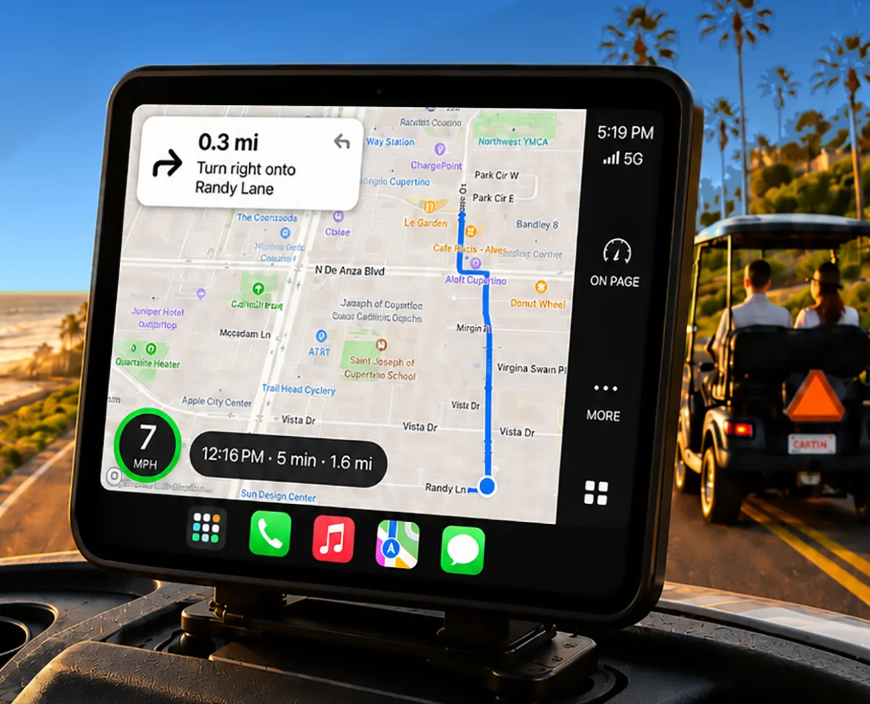 Cartin&rsquo; directions on a CarPlay screen mounted on a golf cart dashboard