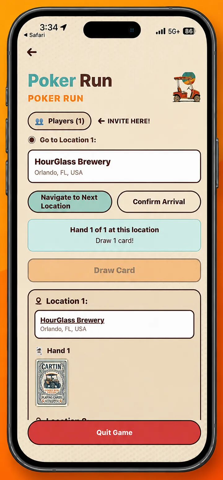 Cartin poker run on an iPhone: go to HourGlass Brewery, confirm arrival and draw a card