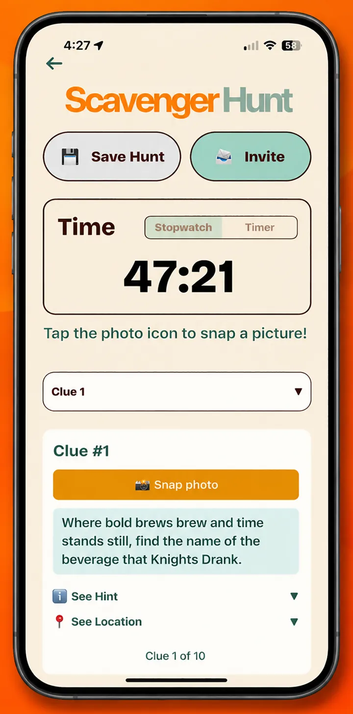 Cartin scavenger hunt on an iPhone with a 47:21 stopwatch and a clue
