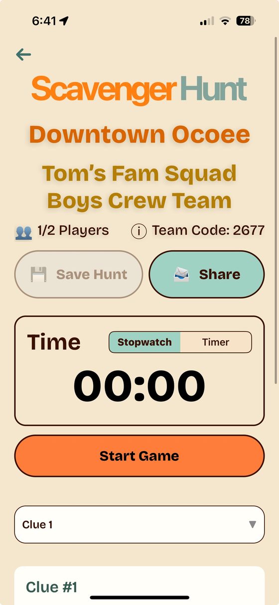 Cartin team scavenger hunt lobby with players, a team code and a Start Game button