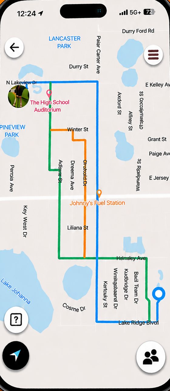 Map with three cart-friendly routes to the high school auditorium