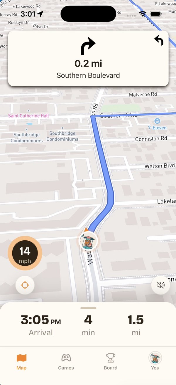 Cartin golf cart navigation showing the next turn and arrival time