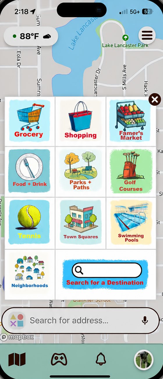 Search categories: grocery, shopping, farmer&rsquo;s market, food and drink, parks, golf, tennis, pools