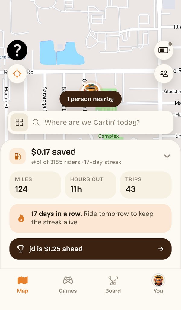 Cartin ride stats showing miles, hours out, trips and a riding streak