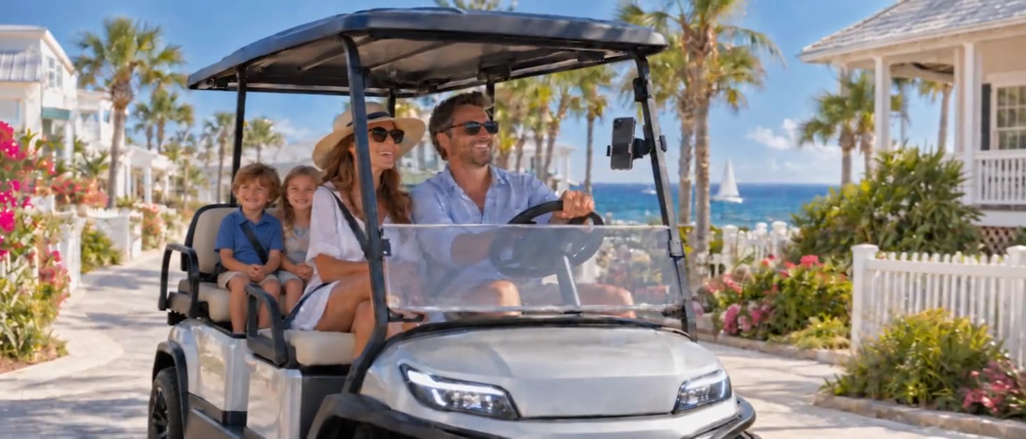 Family riding together in a golf cart