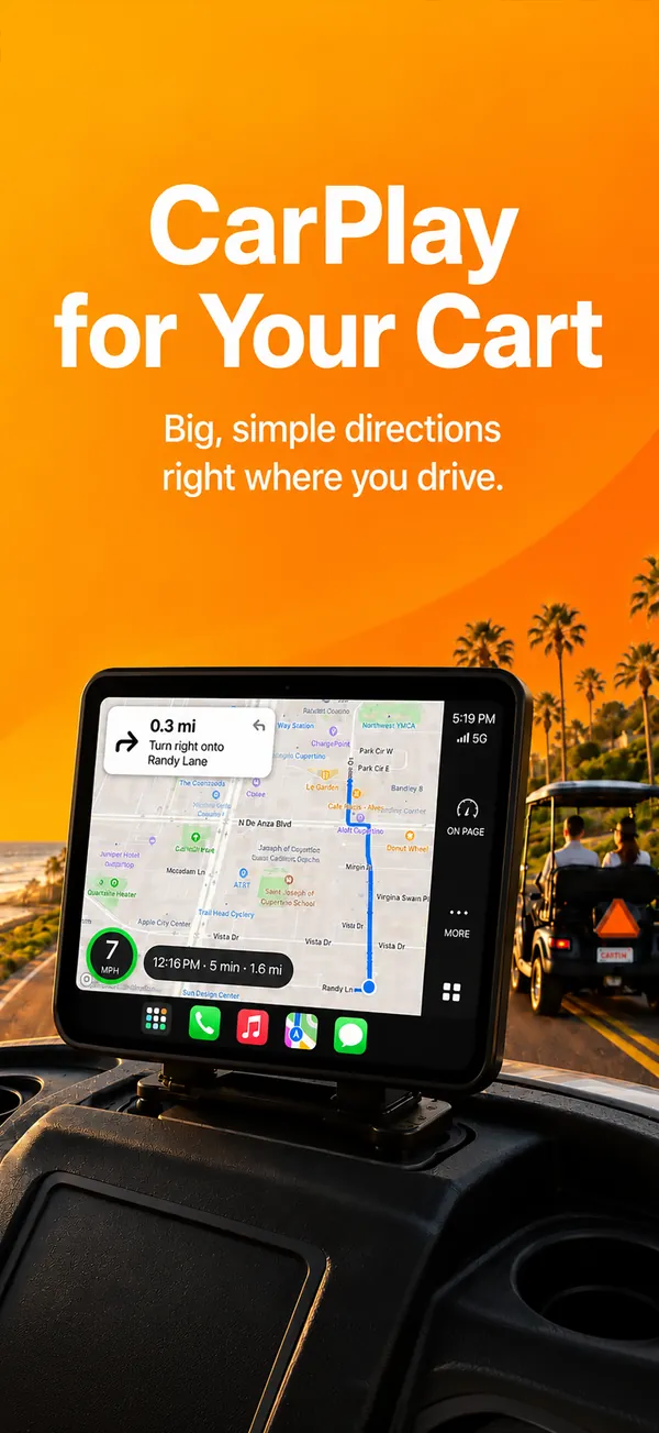 Cartin&rsquo; on a CarPlay screen mounted in a golf cart