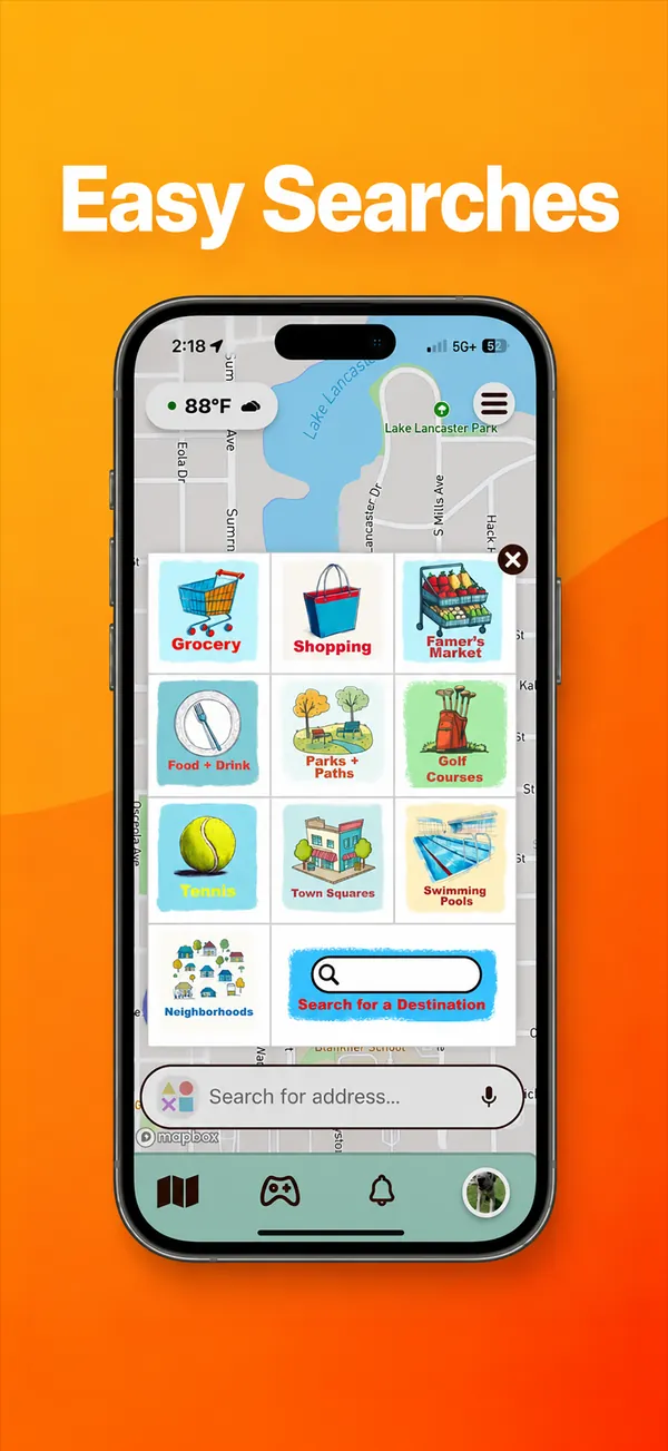 Category tiles for grocery, food and drink, parks, golf, tennis, pools and more