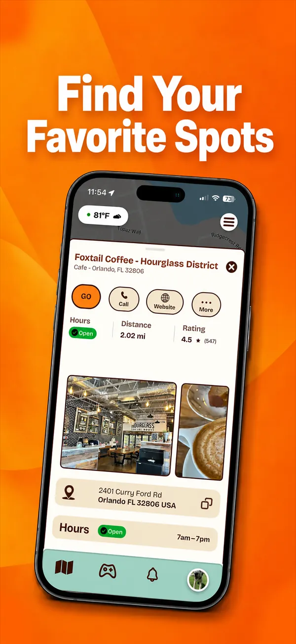 A coffee shop card with hours, distance, rating and a Go button
