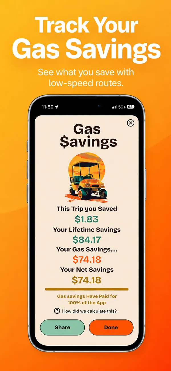 Gas savings screen showing trip and lifetime savings