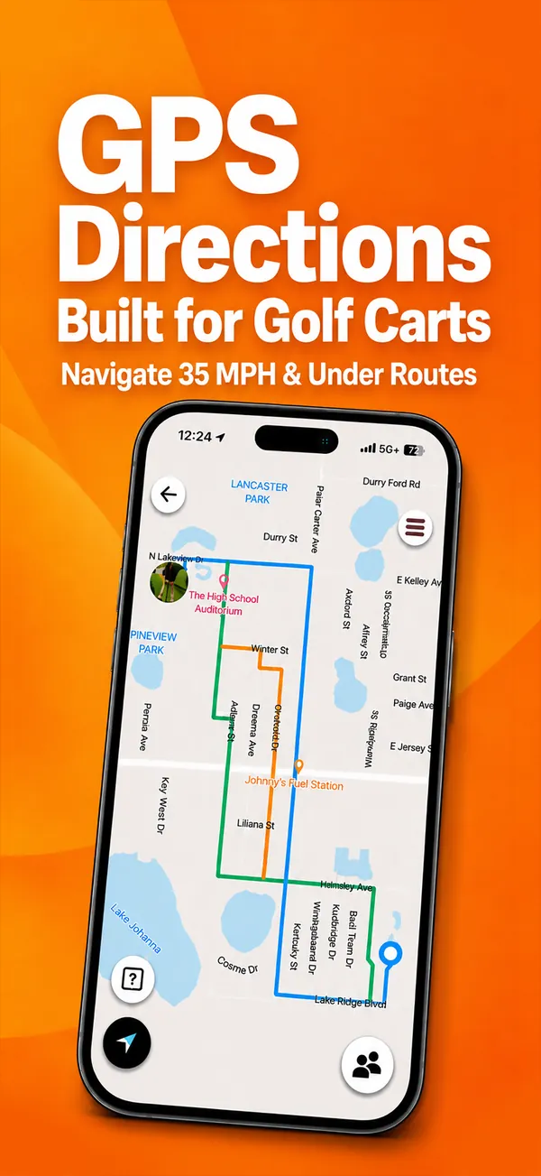 GPS directions built for golf carts: a map with three cart-legal routes
