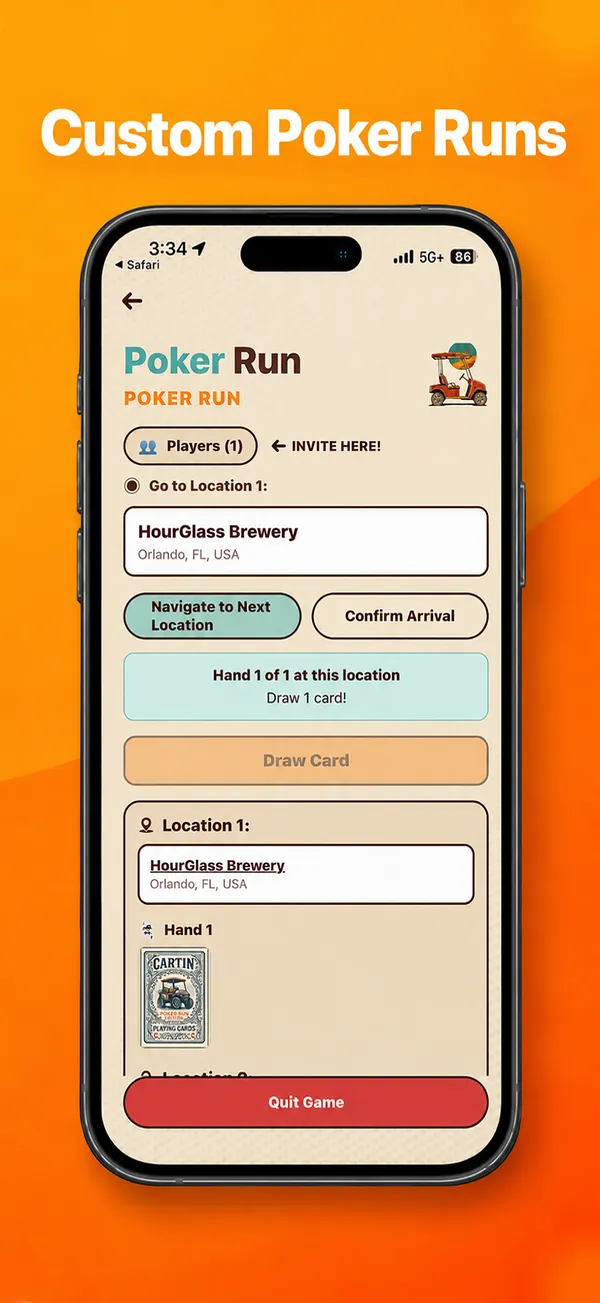 Poker run screen: go to a location, confirm arrival and draw a card