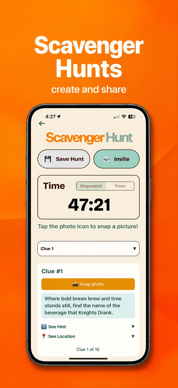 Scavenger hunt screen with a timer, clue and snap-a-photo button