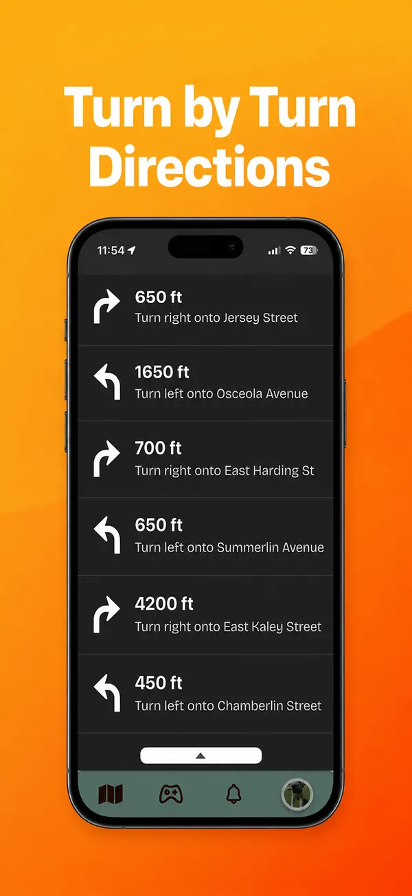 Turn-by-turn directions list with distances to each turn